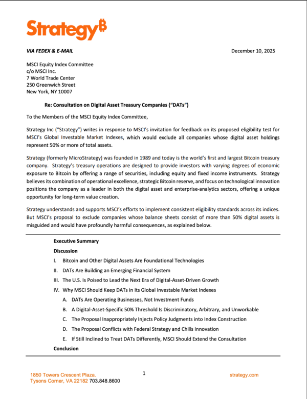  스트래티지가 ‘모건스탠리캐피탈인터네셔널인덱스’의 가상화폐 비축 상장사 배제 정책에 공식 반발했다(사진=스트래티지)