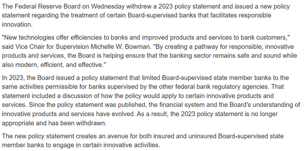 미국 중앙은행인 연방준비제도(Fed)가 현지 소규모 은행의 신규 가상화폐 활동 제한 정책을 철회했다(사진=연방준비제도)