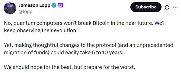 비트코인 포스트-양자 전환에 최소 5년에서 10년의 기간이 필요할 것이라는 견해다(사진=트위터/ 제임슨 롭)