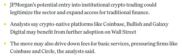 제이피모건의 금융 기관 가상화폐 거래 서비스 제공 방안이 산업 합법성과 접근성을 강화시킬 수 있다는 분석이다(사진=코인데스크)