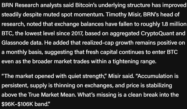 &nbsp;12월 현재&nbsp;가상화폐 거래소 내 비트코인 물량이 지난 2017년 이후 최저치를 기록하며 구조적으로 긍정적인 환경이 조성되고 있다는 것이 비알엔리서치의 의견이다(사진=더블록/ 비알엔리서치)