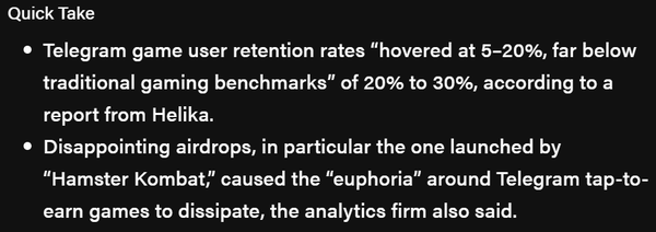 지난 2024년 4분기 텔레그램 게임 생태계는 이용자 수가 급감한 블록체인 게임 ‘햄스터컴뱃’에 타격을 입었다(사진=헬리카/ 더블록)