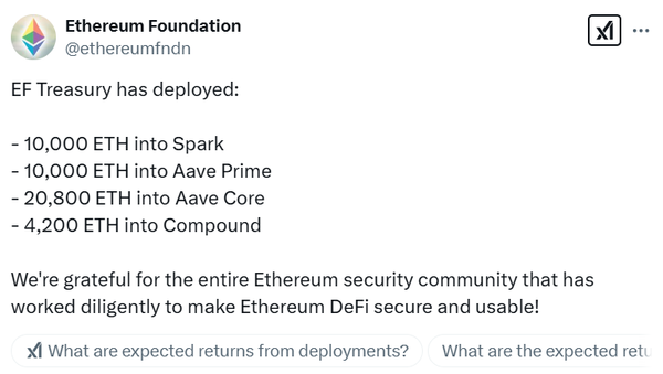 이더리움&nbsp;운영재단은&nbsp;지난&nbsp;2월&nbsp;둘째&nbsp;주&nbsp;보유&nbsp;‘이더리움’&nbsp;가상화폐&nbsp;일부를&nbsp;네&nbsp;개의&nbsp;디파이&nbsp;프로토콜에&nbsp;이체했다고&nbsp;밝혔다(사진=트위터/ 이더리움 파운데이션)