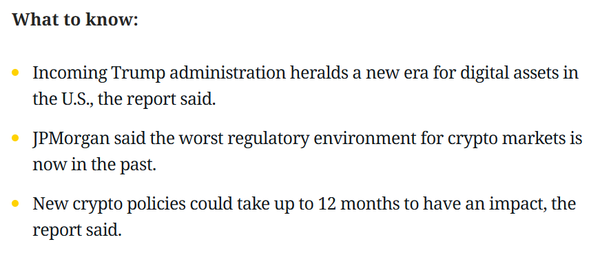 제이피모건은 자체 보고서를 통해 트럼프 차기 행정부의 가상화폐 시장 정책 효과가 출범 9개월에서 12개월 후 나타날 것으로 예상했다(사진=코인데스크/ 제이피모건)