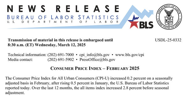  지난 2월 미국 소비자물가지수는 전년 동기 대비 2.8% 상승했다(사진=미국 노동통계국)