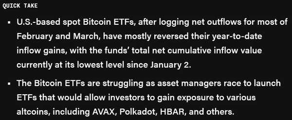 지난 2월 미국 비트코인 현물 상장지수펀드 생태계에서는 5거래일 빼고 모든 날에 걸쳐 자본이 유출됐으며, 3월 1일부터 15일까지의 기간에는 단 하루를 제외하고 시장 자금이 철수됐다(사진=더블록)