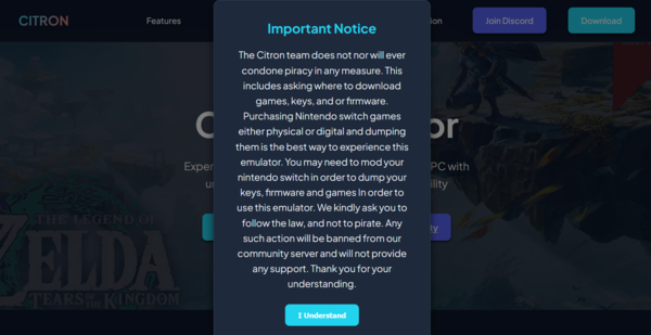 ▲ 시트론은 공식 홈페이지상에서 입장 안내문 단계부터 정품 게임 구입을 권장하고, 불법 복제 플레이가 적발될 경우 차단 방침 등 닌텐도와의 법적 분쟁을 회피하기 위한 안내를 전하고 있다(사진=시트론 공식 홈페이지)
