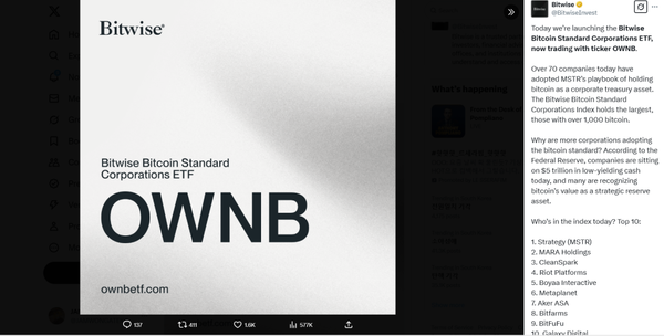 비트와이즈가 비트코인 보유 상장사들의 주가를 추종하는 상장지수펀드를 선보였다(사진=트위터/ 비트와이즈)