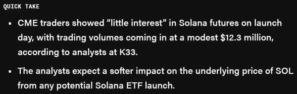 케이33리서치 분석진은&nbsp;미국 시카고상품거래소에 상장된 솔라나 가상화폐 선물 투자 상품이 시장 참여자들에게 큰 관심을 끌지 못하고 있다고 밝혔다(사진=더블록)