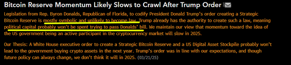 블룸버그는 트럼프 대통령의 ‘전략적 비트코인 준비금’ 및 ‘디지털 자산 비축’ 행정명령을 성문화하기 위해 발의된 법안들도 대부분 상징적이며 제정 가능성이 높지 않다고 소개했다(사진=블룸버그)