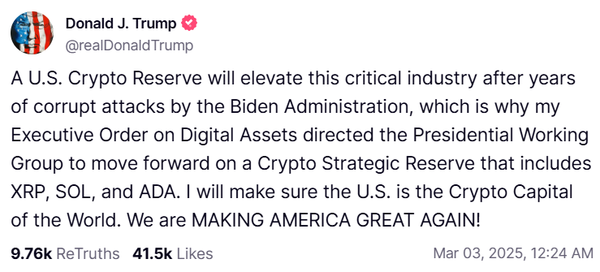 트럼프 대통령은 행정명령으로 ‘실무 작업단’에 ‘엑스알피’, ‘솔라나’, 에이다’가 포함된 가상화폐 전략 준비금 정책 추진을 지시했다고 전했다(사진=트루스소셜)