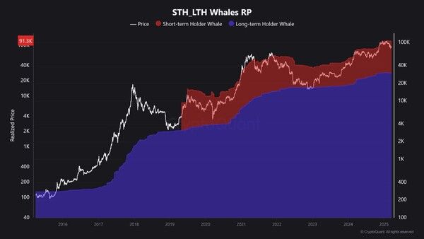 ‘단기 큰손 투자자(빨간색)’의 비트코인 실현가격은 9만 1천 달러(한화 약 1억 3,349만 원)다(사진=크립토퀀트)