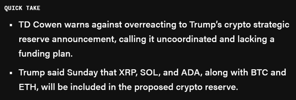 티디코웬은 트럼프 대통령의 최근 미국 전략준비자산 관련 발언에 과민하게 반응할 필요가 없어 보인다고 밝혔다(사진=더블록)