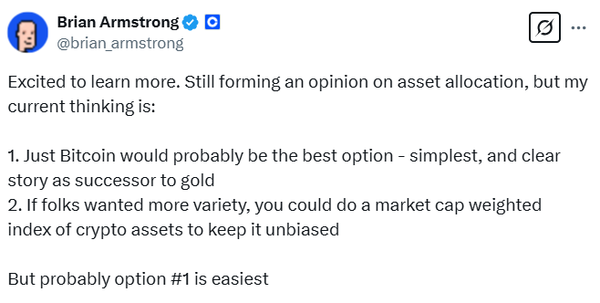 코인베이스 최고경영자는 미국 디지털자산 전략 준비금 비축 목록에 ‘비트코인’만 포함되는 것이 최선의 선택일 것이라고 밝혔다(사진=트위터/ 브라이언 암스트롱)