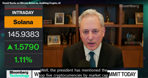 데이비드 색스 미국 크립토차르는&nbsp;도널드 트럼프 미국 대통령이 최근 현지 전략준비자산 비축안 종목으로 거론한 다섯 가지 가상화폐가 단지 시가총액 상위 목록에 따라 나열된 것이라고 설명했다(사진=블룸버그)