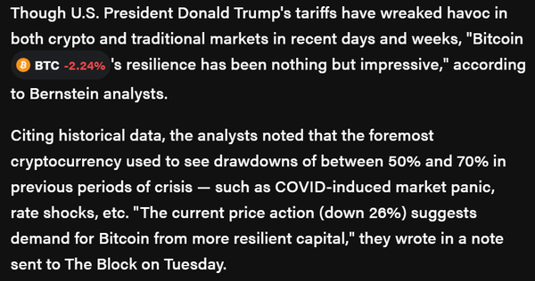 비트코인 시세가 침체된 것은 사실이지만, 과거 주요 국제 사회 문제 발생 당시와 비교했을 때는 훨씬 탄력적인 모습을 보였다는 것이 번스타인의 설명이다(싸진=더블록/ 번스타인)