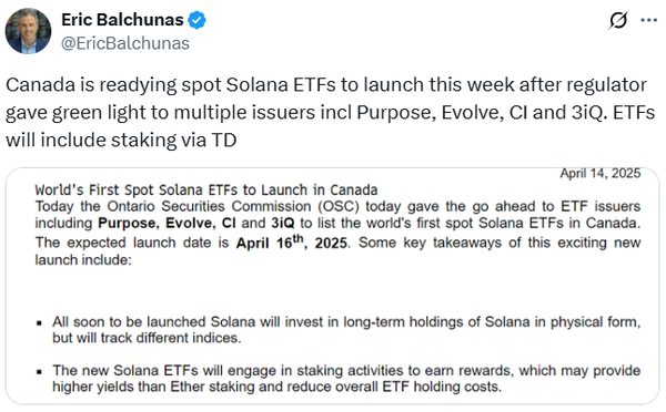 블룸버그 소속 분석진은 솔라나 현물 상장지수펀드가 현지시간으로 금일인 4월 16일 캐나다 주식시장에 출시될 것이라고 밝혔다(사진=트위터/ 에릭 발추나스)
