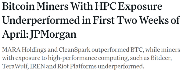 제이피모건은&nbsp;지난 4월 1일부터 2주에 걸쳐 인공지능(AI) 및 고성능컴퓨팅(HPC) 관련 사업을 병행하는 비트코인 채굴 업체의 주가 흐름이 그렇지 않은 회사보다 저조했다고 전했다(사진=코인데스크/ 제이피모건)