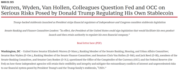 미국 민주당 상원의원 5명은 3월 4주차 서한을 통해 현지 중앙은행 감독 및 규제 위원장과 통화감독청(OCC) 청장 직무대행에게 월드리버티파이낸셜 프로젝트팀의 스테이블코인 관련 잠재적 이해상충 문제를 들여다봐 달라고 밝혔다(사진=엘리자베스 워렌 미국 민주당 의원)