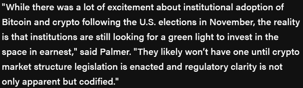 벤치마크는 금융 기관 참여자들의 유의미한 비트코인 시장 진입은 가상화폐 관련 규제가 명확성을 넘어 성문화되는 시점에 가능할 것으로 전망 중이다(사진=더블록/ 벤치마크)