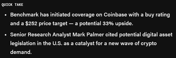 벤치마크는&nbsp;코인베이스 목표 주가와 매수 의견을 각각 252달러(한화 약 36만 2,275원)와 ‘매수(Buy)’ 등급으로 상향 조정했다(사진=더블록)