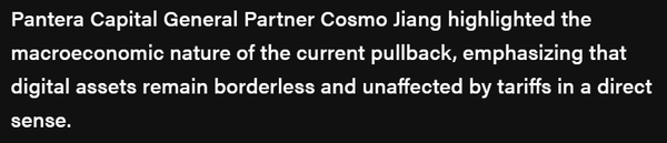 ‘국경 없는 자유로움’을 가진 비트코인 가격이 미국 관세 정책 리스크 속 반등세를 다졌다는 분석이 나왔다(사진=더블록/ 판테라캐피탈)