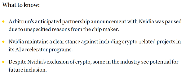 아비트럼과 엔비디아의 파트너십은 최근 엔비디아의 불특정 이유로 인해 일시 중지됐다(사진=코인데스크)