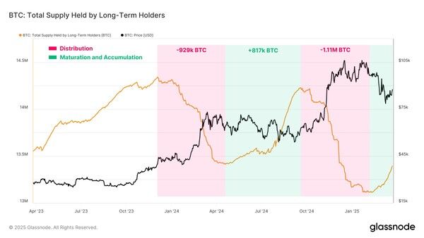 글래스노드에 따르면 지난 2023년부터 2025년까지 장기 보유자들은 두 차례에 걸쳐 비트코인을 대량 매도(빨간색 영역)하고 재매집(초록색 영역)하는 과정을 통해 시장 하방 압력을 흡수하고 자산 가격 움직임을 안정시켰다(사진=글래스노드)