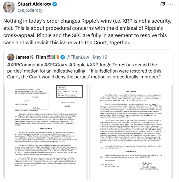 리플랩스 최고법률책임자는 개인 사회관계망서비스(SNS)를 통해 미국 뉴욕남부지방법원 재판부가 지난 5월 셋째 주 기각한 증권거래위원회의 합의안이 소송 결과를 바꾸지 않을 것이라고 밝혔다(사진=스튜어트 알데로티)