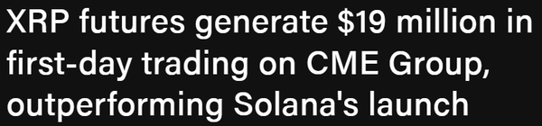 미국 시카고상품거래소에 따르면 ‘엑스알피’ 선물은 상장 첫 날 1,900만 달러(한화 약 261억 원)의 거래량을 기록했다(사진=더블록)