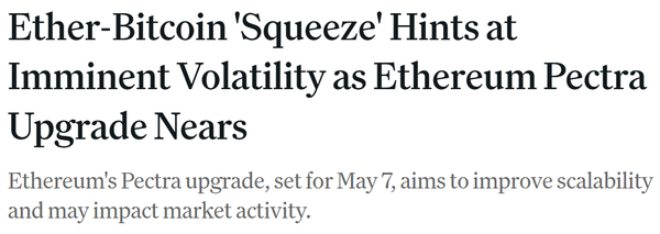 코인데스크에 따르면 최근 ‘비트코인 대비 이더리움’ 볼린저밴드 수렴 및 수축 정도는 지난 2020년 6월 이후 가장 좁혀진 상태다(사진=코인데스크)