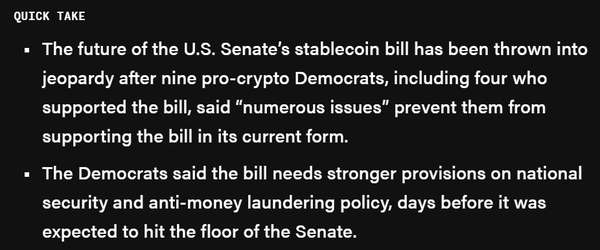 더블록은 미국 민주당 의원 9명이 스테이블코인 법안 지지를 철회하며 입법 절차에 차질이 빚어졌다고 밝혔다(사진=더블록)