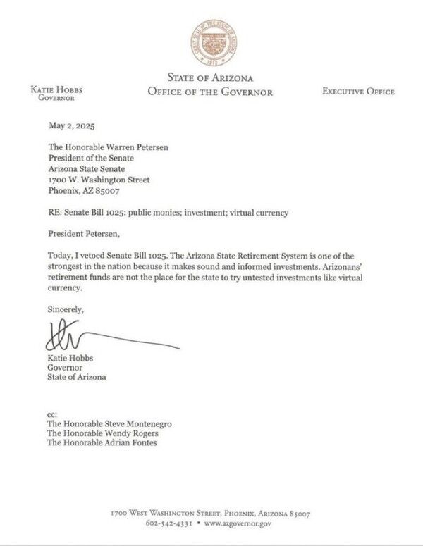 미국 애리조나 주지사는 최근 주(州) 의회에서 통과한 ‘비트코인 준비금’ 법안 서명을 거부했다(사진=애리조나주)