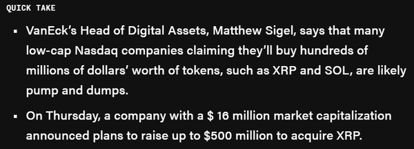 반에크는 ‘엑스알피(리플)’나 ‘솔라나’ 등의 자산을 수억 달러로 매수하겠다는 일부 미국 나스닥 증권거래소 상장사의 입장이 단순 ‘펌프 앤 덤프’를 위한 것일 수 있다고 밝혔다(사진=더블록)