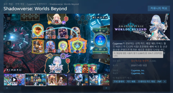 ▲ 이용자들의 수많은 부정적인 평가에 시달리고 있는&nbsp;‘섀도우버스 월즈 비욘드’(사진=스팀)