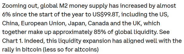  코인베이스는 비트코인 가격 강세와 맞물려 있는 글로벌 광의통화 공급량이 연초부터 6% 증가했다고 밝혔다(사진=코인베이스)