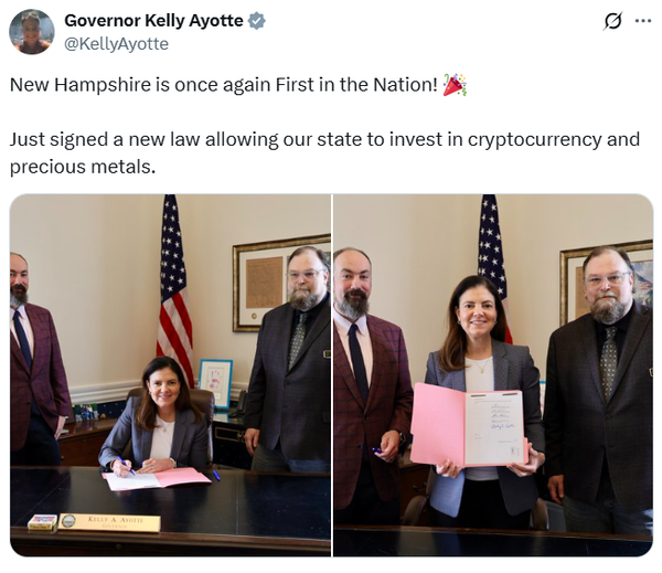 켈리 아요트(Kelly Aytte) 뉴햄프셔 주지사는 현지시간으로 지난 5월 7일 개인 사회관계망서비스(SNS)를 통해 ‘전략적 비트코인 비축’ 법안 서명 소식을 밝혔다(사진=트위터/ 켈리 아요트)