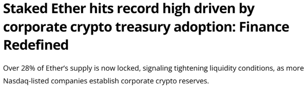 6월 셋째 주 기준 전체 이더리움 유통량의 28%가 스테이킹 물량으로 집계됐다(사진=코인텔레그래프)