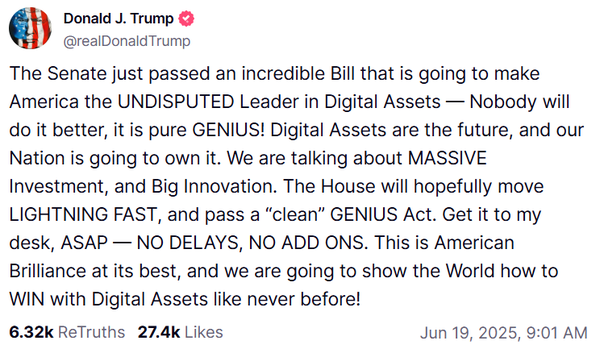 도널드 트럼프 미국 대통령은 현지 하원의회에 조속한 ‘지니어스’ 스테이블코인 법안 통과를 촉구한 바 있다(사진=트루스소셜)