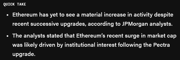 지난 5월 완료된 ‘펙트라(Pectra)’ 블록체인 업그레이드가 이더리움 네트워크 활동 증가에 유의미한 영향을 미치지 못했다는 것이 제이피모건의 분석이다(사진=더블록)