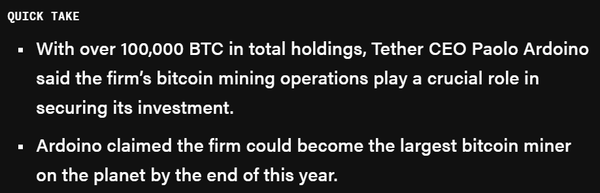 ‘테더’ 가상화폐 발행사인 테더 최고경영자가 올해 말까지 세계 최대 비트코인 채굴업체로 도약하겠다는 목표를 공개했다(사진=더블록)
