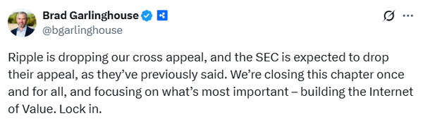 리플랩스 최고경영자는 미국 증권거래위원회를 상대로 2024년 제출한 교차항소를 취하하고 법적 분쟁도 종료하겠다고 발표했다(사진=트위터/ 브래드 갈링하우스)