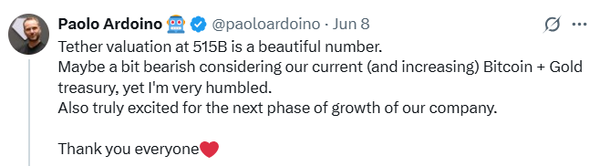 기업공개 관련 자사 예상 시가총액에 대해 ‘아름다운 숫자’라고 반응하면서도 실제 자사 가치와 비교해 다소 낮은 수치일 수 있다는 것이 파올로 아르도이노 테더 최고경영자 입장이다(사진=트위터/ 파올로 아르도이노)