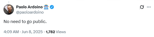 테더 최고경영자는&nbsp;테더가 증권시장에 상장될 경우 얻은 이점이 무엇인가에 대한 플랫폼 이용자 질문에 ‘상장할 필요가 없다(No need to go public)’이라고 답했다(사진=트위터/ 파올로 아르도이노)