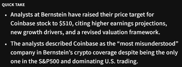 번스타인 분석진은 코인베이스 목표 주가를 510달러(한화 약 70만 689원)로 책정했다(사진=더블록)