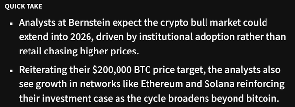번스타인은&nbsp;오는 2026년 비트코인 예상가로 20만 달러(한화 약 2억 7,738만 원)를 제시했다(사진=더블록/ 번스타인)