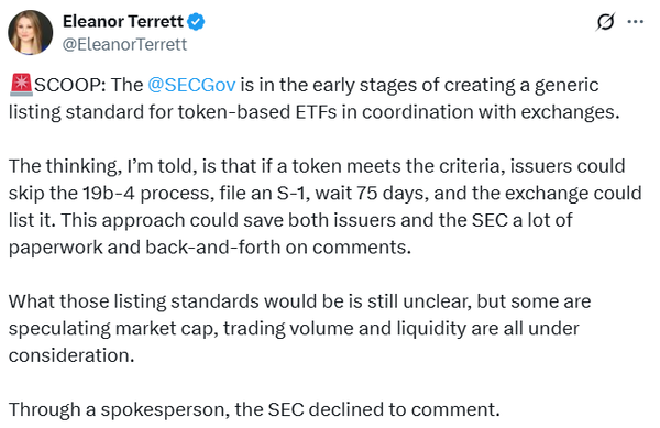 혼합형 가상화폐 펀드를 상장지수펀드로 전환하겠다는 미국 그레이스케일의 전환 신청이 현지 증권거래위원회에 의해 승인됐다(사진=트위터/ 엘리노어 테렛)