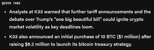 케이33리서치는 미국 추가 관세 정책 발표 및 ‘하나의 크고 아름다운 법안’과 관련해 가상화폐 시장 분위기가 혼란스러워질 수 있다고 밝혔다(사진=더블록/ 케이33리서치)
