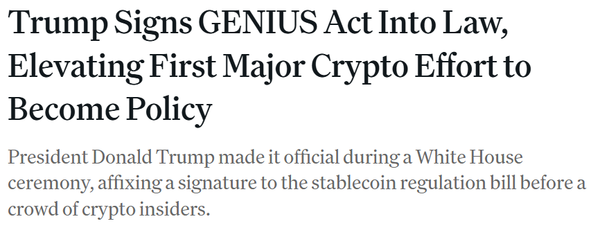 ‘지니어스’ 스테이블코인 법안이 도널드 트럼프(Donald J. Trump) 대통령 서명과 함께 미국에서 최종 통과됐다(사진=코인데스크)