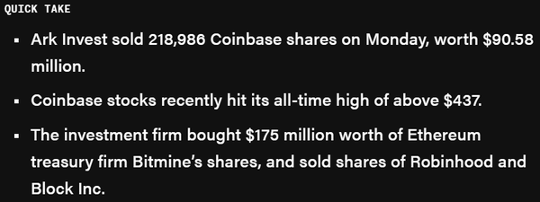 아크인베스트먼트는 현지시간으로 지난 7월 21일 코인베이스, 로빈후드, 블록 주식을 매도했다(사진=더블록)
